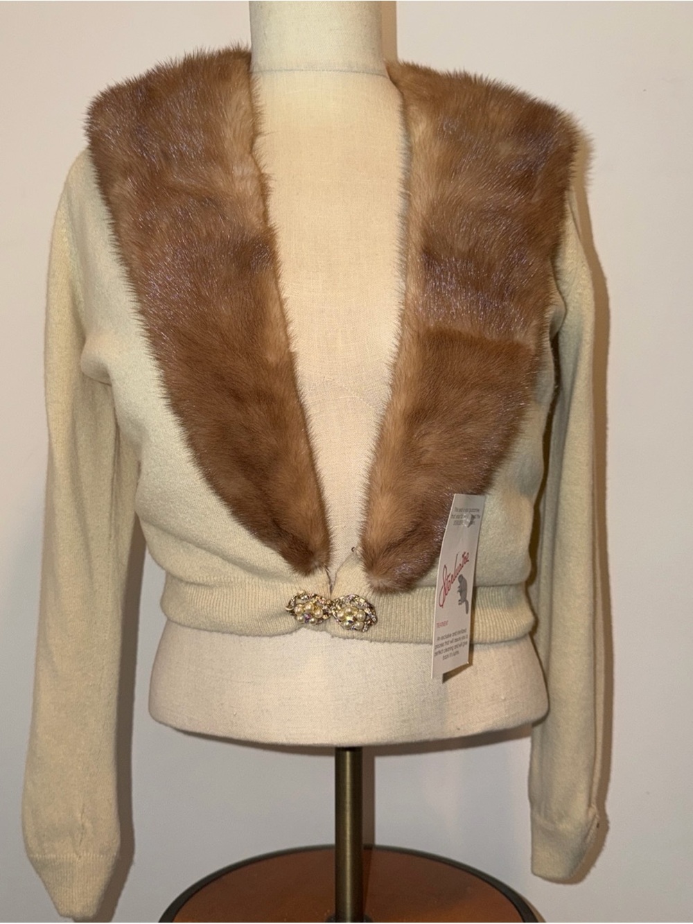 Regalia Furs 50s Vintage Cardigan Sweater Womens Small Ivory Cashmere Lace Mink